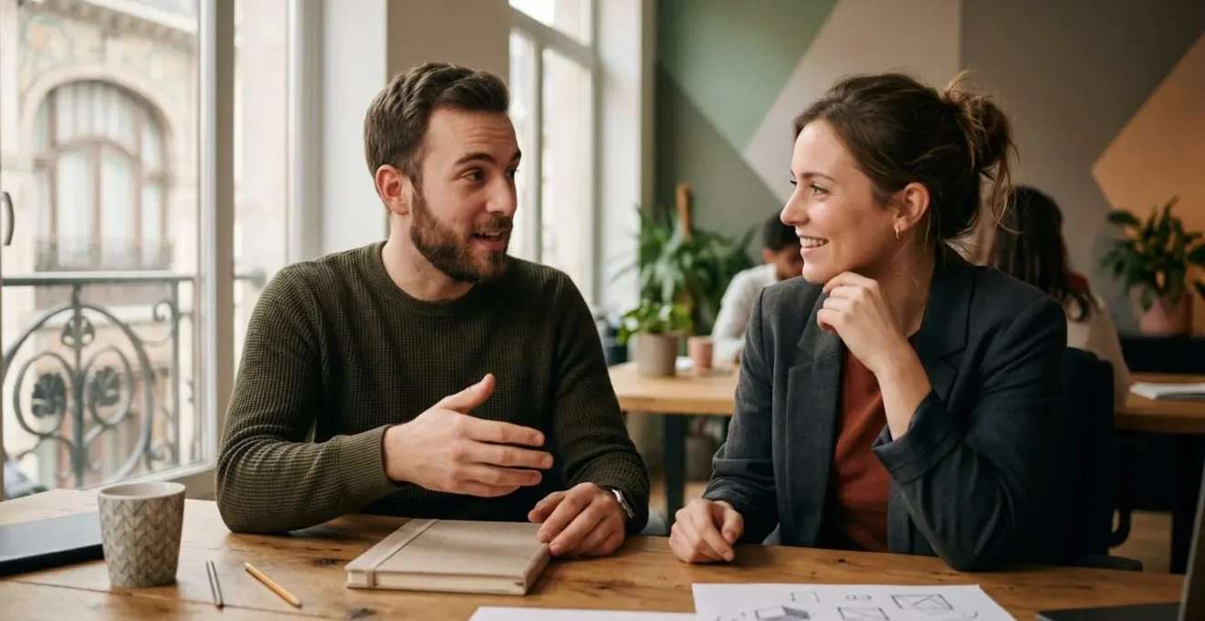 Espace de travail collaboratif montrant des développeurs et designers travaillant ensemble dans une agence créative belge