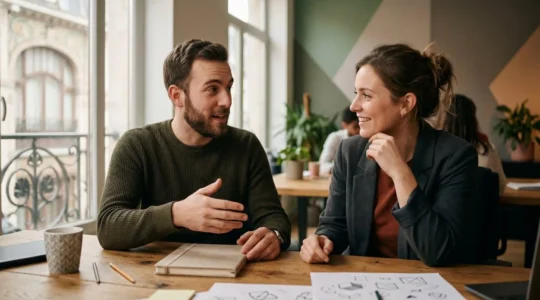 Espace de travail collaboratif montrant des développeurs et designers travaillant ensemble dans une agence créative belge