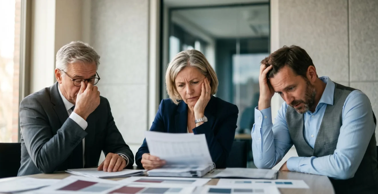 Directeurs confus devant des graphiques surchargés et illisibles lors d'une réunion stratégique