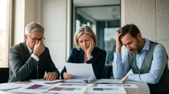 Directeurs confus devant des graphiques surchargés et illisibles lors d'une réunion stratégique