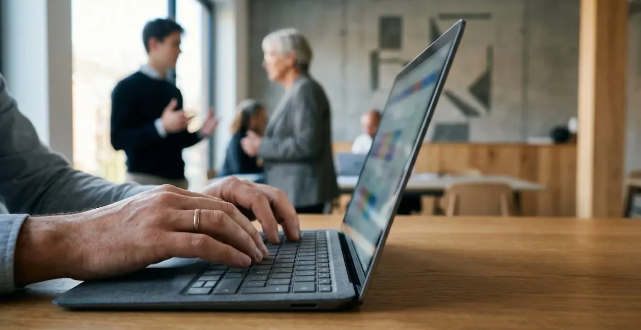 Scène de bureau moderne montrant une interaction professionnelle entre générations différentes dans un environnement de travail collaboratif