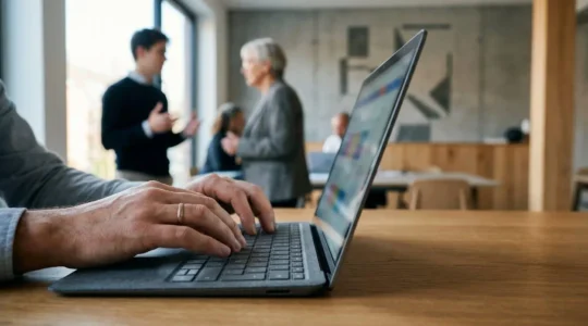 Scène de bureau moderne montrant une interaction professionnelle entre générations différentes dans un environnement de travail collaboratif
