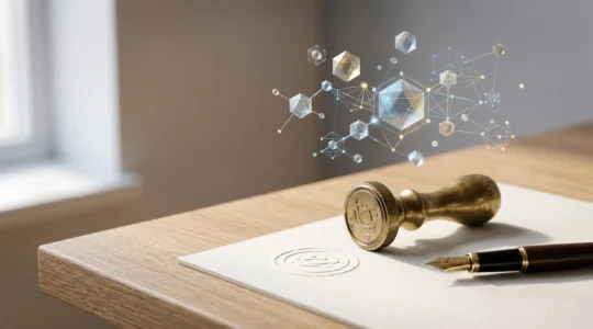 Abstraction conceptuelle évoquant la jonction entre actifs numériques et comptabilité fiscale, traitement photographique éditorial réaliste sans aucun texte visible