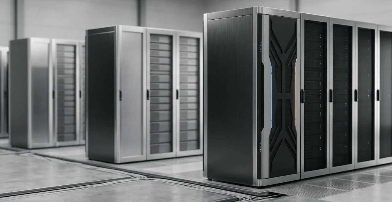 Serveur GPU moderne avec circuits lumineux dans un datacenter, éclairage technologique ambiant