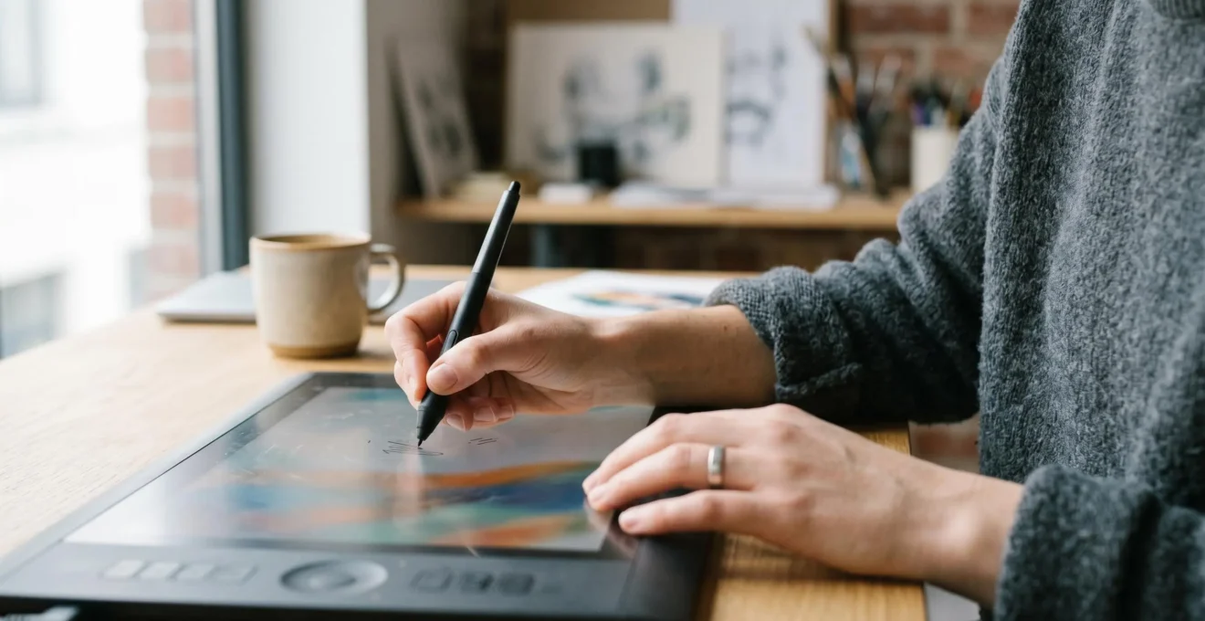 Artiste numérique travaillant avec une posture ergonomique correcte sur tablette graphique