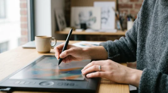 Artiste numérique travaillant avec une posture ergonomique correcte sur tablette graphique