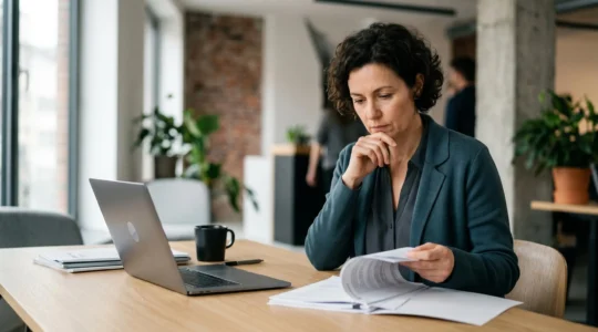 Producteur de cinéma examinant des documents de financement dans un environnement professionnel belge