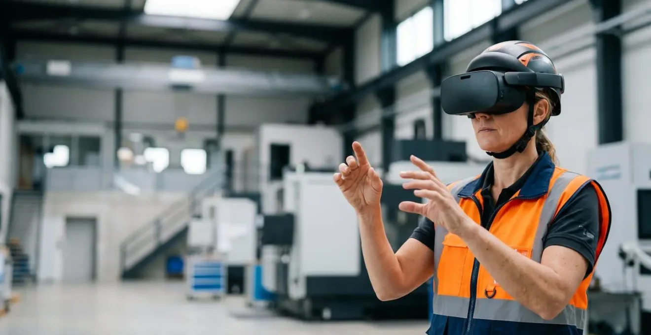 Technicien en formation avec un casque de réalité étendue dans un environnement industriel sécurisé