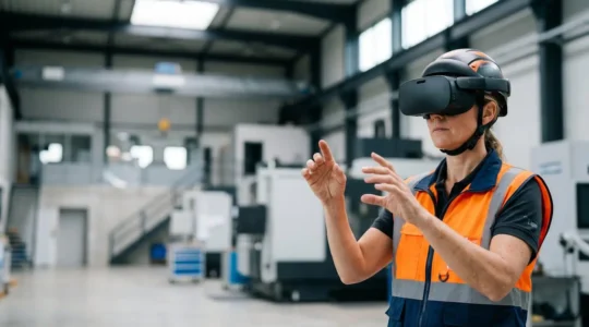 Technicien en formation avec un casque de réalité étendue dans un environnement industriel sécurisé
