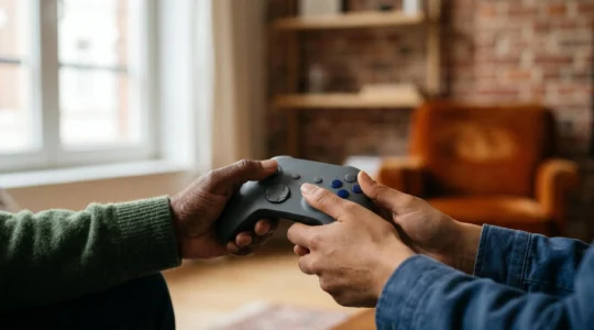 Scène cinématique de jeu vidéo narratif montrant l'immersion émotionnelle et l'attachement des joueurs