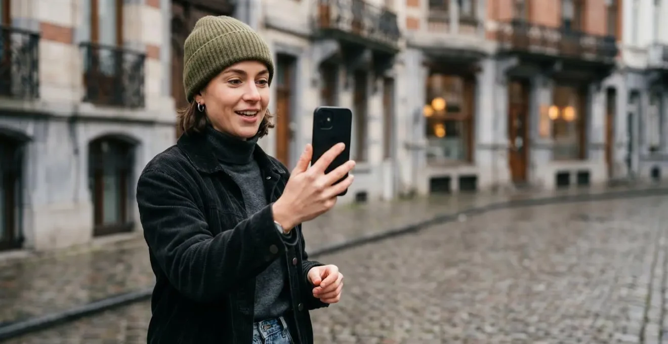 Créateur de contenu belge enregistrant une vidéo humoristique dans un environnement urbain belge typique