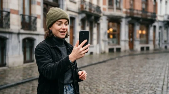 Créateur de contenu belge enregistrant une vidéo humoristique dans un environnement urbain belge typique