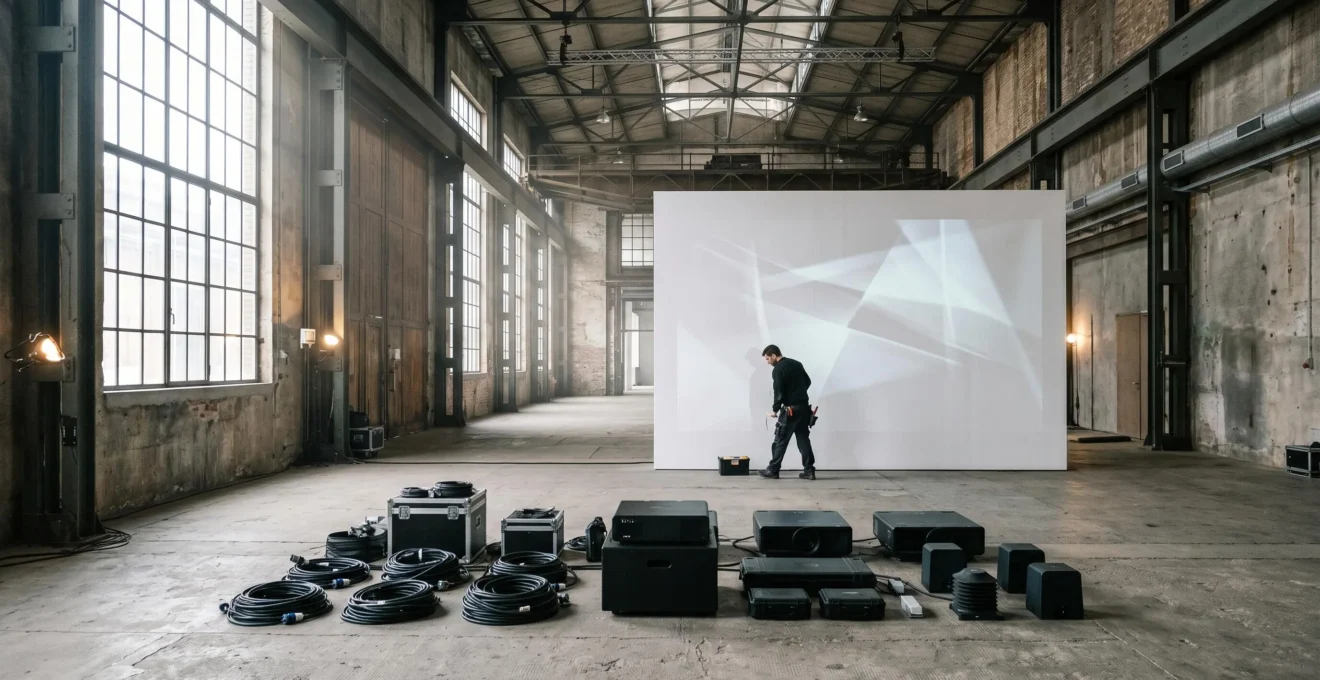 Technicien vérifiant une installation interactive artistique avec capteurs et projecteurs dans un espace d'exposition contemporain belge