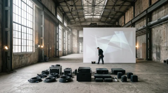Technicien vérifiant une installation interactive artistique avec capteurs et projecteurs dans un espace d'exposition contemporain belge