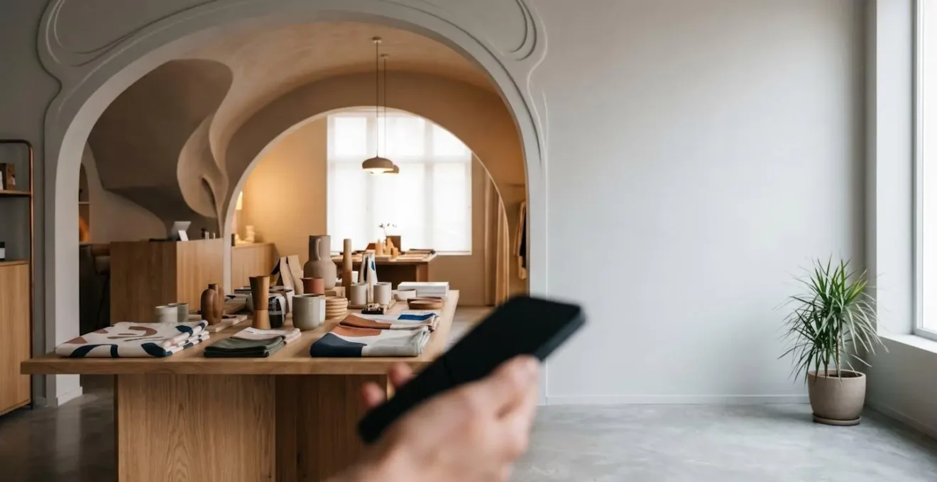 Vue d'ensemble d'une boutique physique moderne intégrant la technologie mobile pour améliorer l'expérience client
