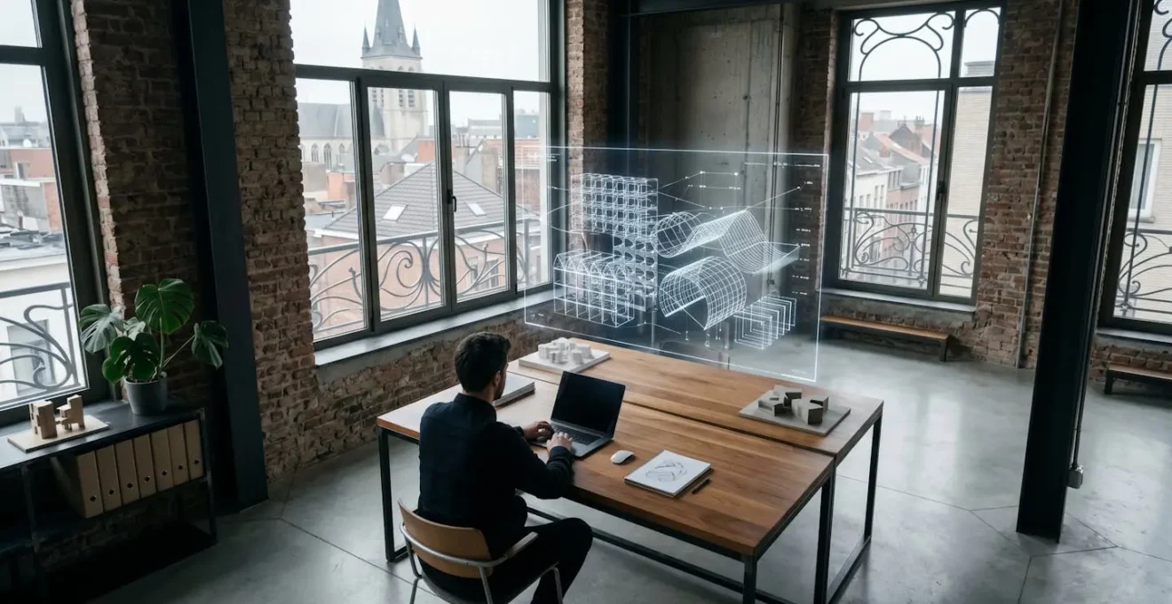 Scène de travail sur la modélisation 3D d'éléments architecturaux procéduraux avec des outils numériques dans un environnement de studio belge