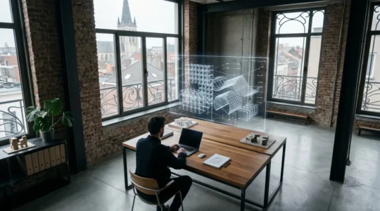 Scène de travail sur la modélisation 3D d'éléments architecturaux procéduraux avec des outils numériques dans un environnement de studio belge