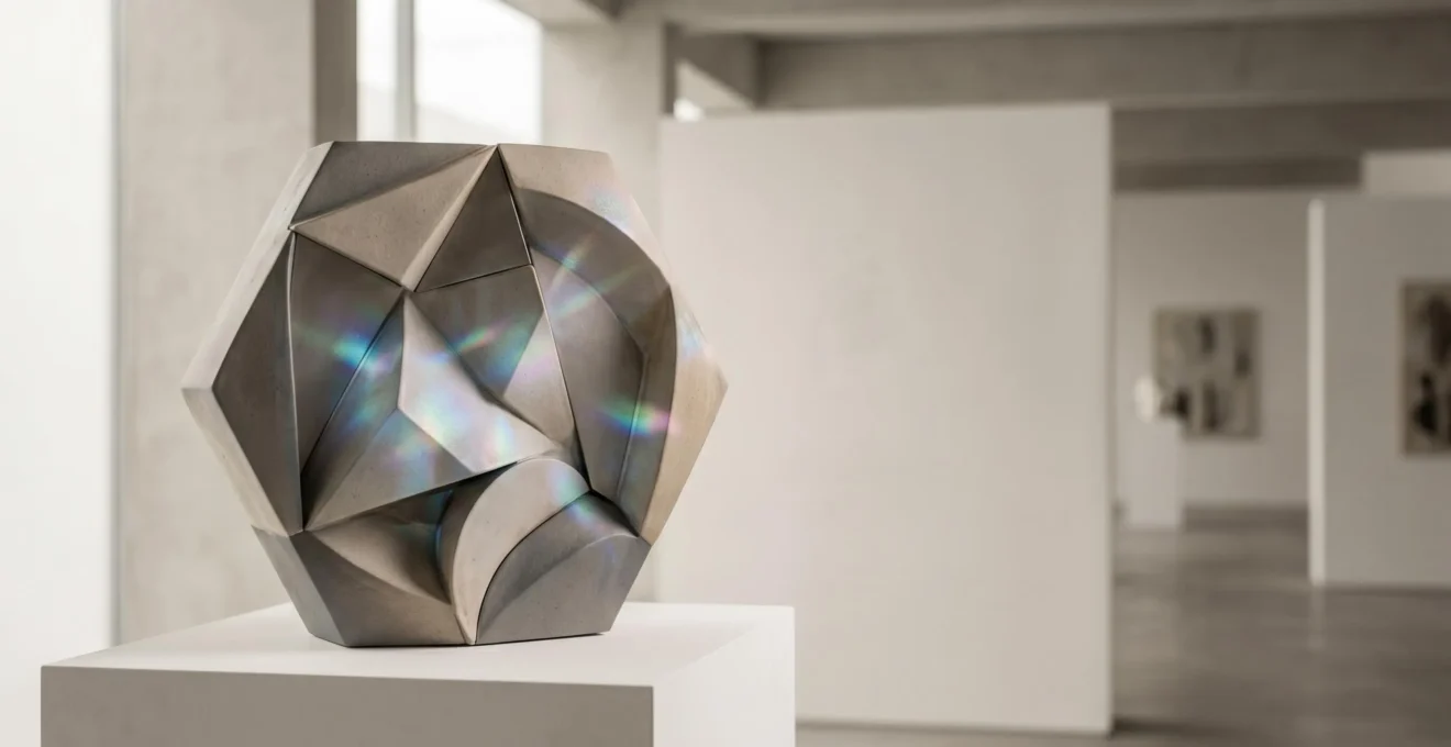 Une sculpture contemporaine intégrée dans un environnement technologique illustrant la fusion entre art physique et numérique