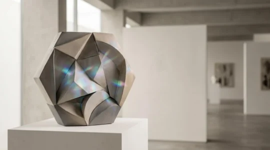 Une sculpture contemporaine intégrée dans un environnement technologique illustrant la fusion entre art physique et numérique