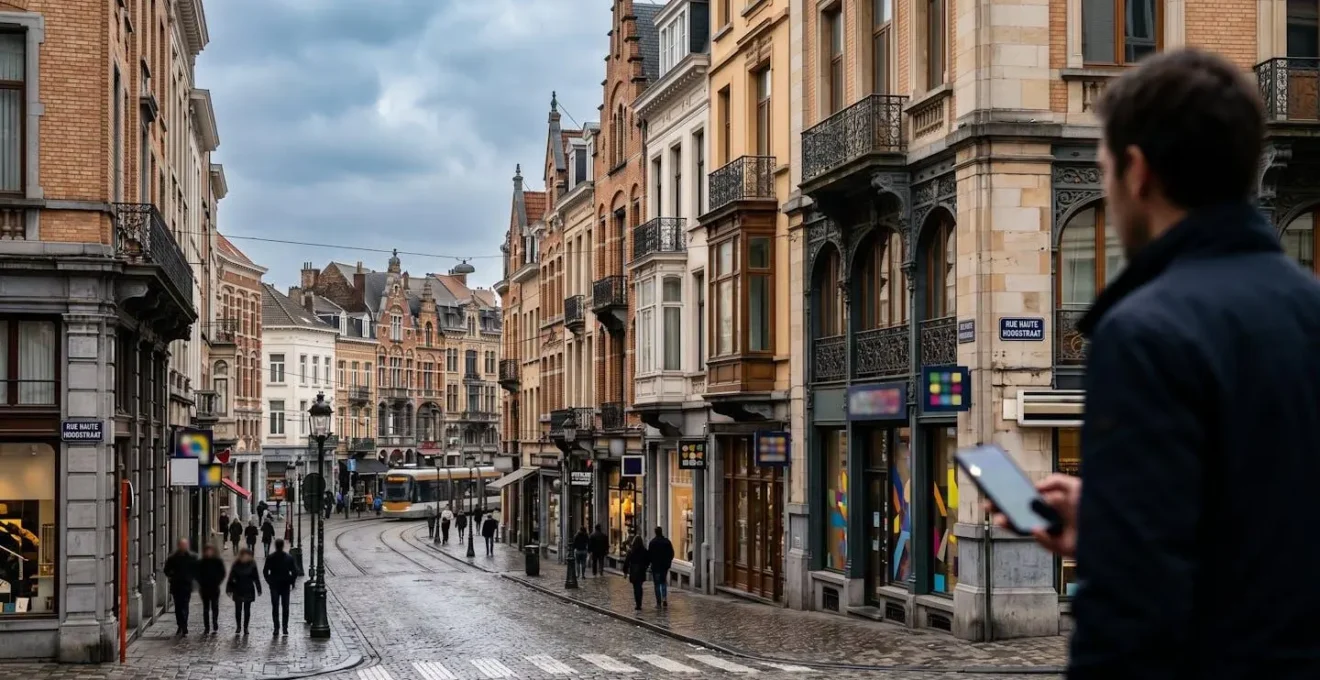 Vue urbaine de Bruxelles avec commerces locaux et navigation mobile, symbolisant la visibilité dans Google Maps Pack Local