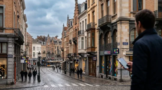 Vue urbaine de Bruxelles avec commerces locaux et navigation mobile, symbolisant la visibilité dans Google Maps Pack Local