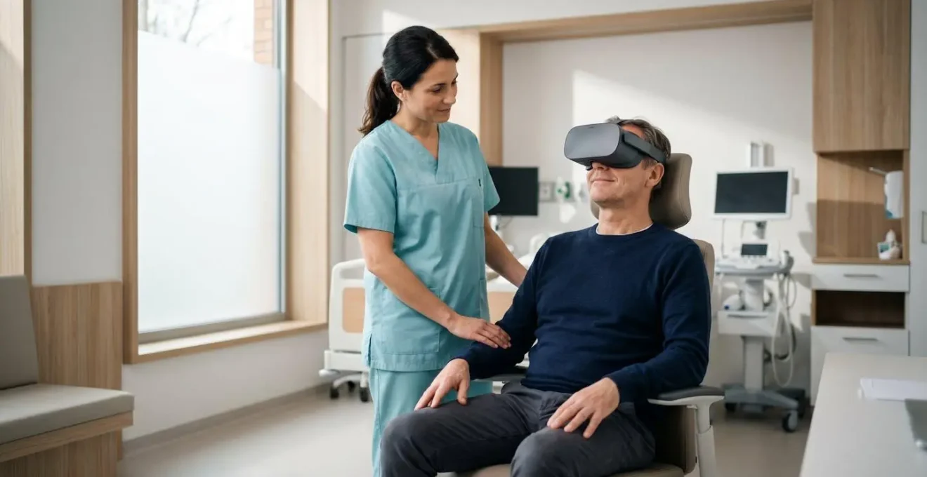 Patient portant un casque de réalité virtuelle dans un environnement hospitalier moderne et épuré