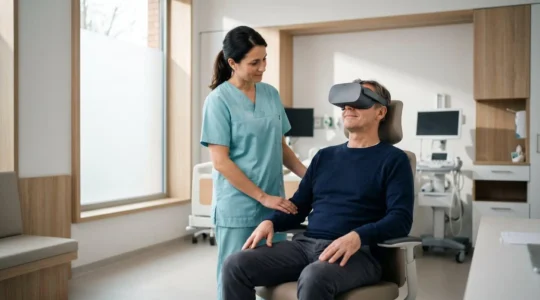 Patient portant un casque de réalité virtuelle dans un environnement hospitalier moderne et épuré