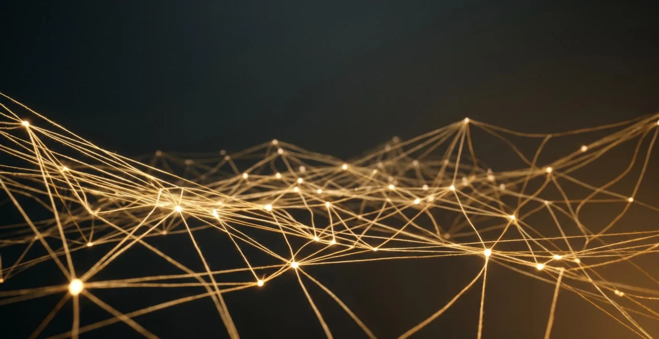 Réseau de fils lumineux interconnectés symbolisant la complexité d'un scénario narratif ramifié dans un jeu vidéo