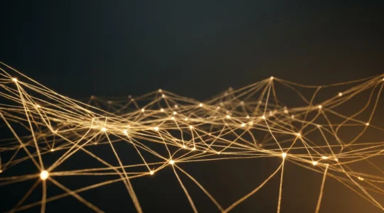 Réseau de fils lumineux interconnectés symbolisant la complexité d'un scénario narratif ramifié dans un jeu vidéo