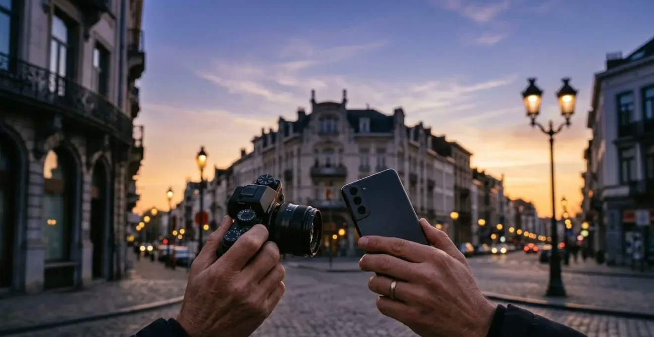 Photographie de nuit comparant les capacités de capture entre smartphone et appareil reflex professionnel