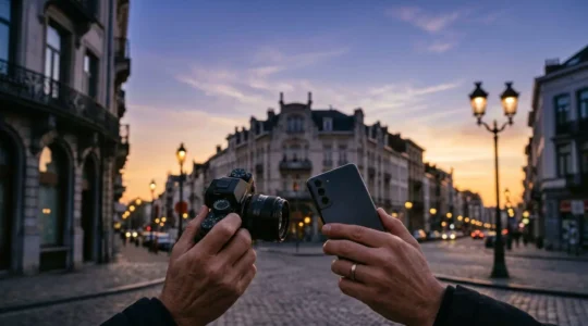 Photographie de nuit comparant les capacités de capture entre smartphone et appareil reflex professionnel