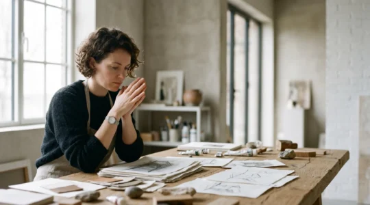 Un artiste numérique travaillant dans un environnement créatif moderne, symbolisant la rencontre entre art traditionnel et technologies blockchain