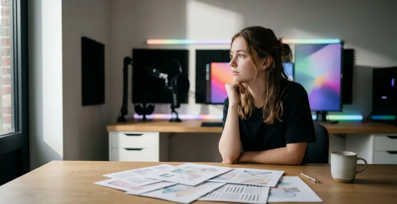 Jeune créateur de contenu streaming face à des documents fiscaux avec écran de gaming en arrière-plan