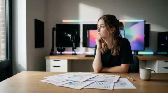 Jeune créateur de contenu streaming face à des documents fiscaux avec écran de gaming en arrière-plan