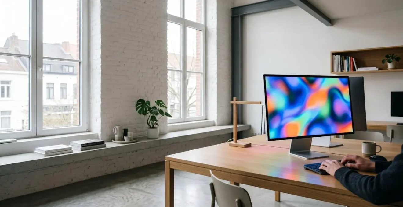 Développeur créatif travaillant sur un algorithme génératif dans un studio de design bruxellois moderne