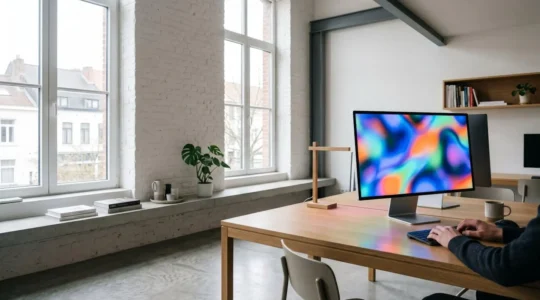 Développeur créatif travaillant sur un algorithme génératif dans un studio de design bruxellois moderne