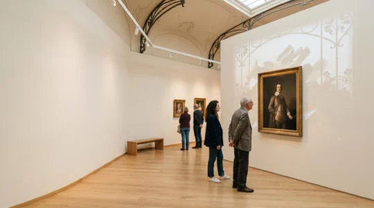 Visiteurs dans un musée contemporain découvrant une œuvre d'art grâce à une installation immersive