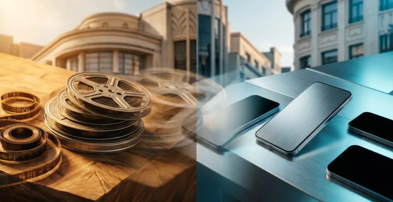 Composition cinématographique montrant l'évolution d'un contenu publicitaire entre formats longs et courts pour les réseaux sociaux