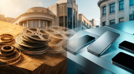 Composition cinématographique montrant l'évolution d'un contenu publicitaire entre formats longs et courts pour les réseaux sociaux
