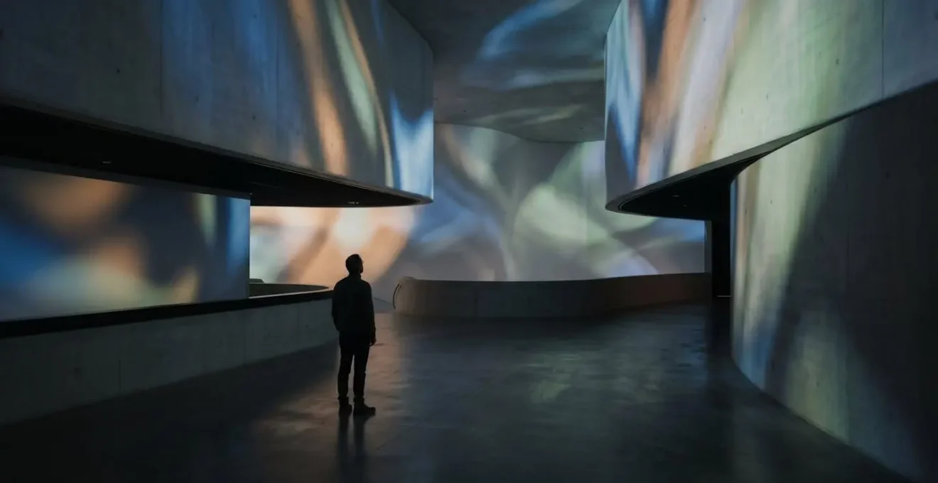 Visiteur dans un espace d'exposition immersive avec projection lumineuse et ambiance contemplative